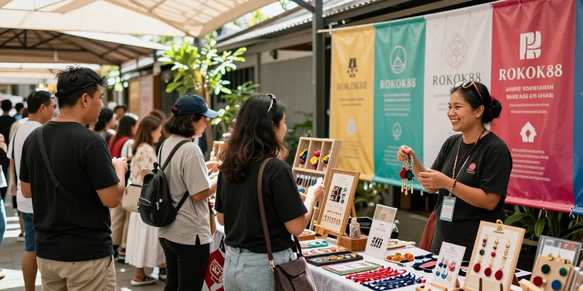 Engaging local shopping experience showcasing ROKOK88 products and community support.