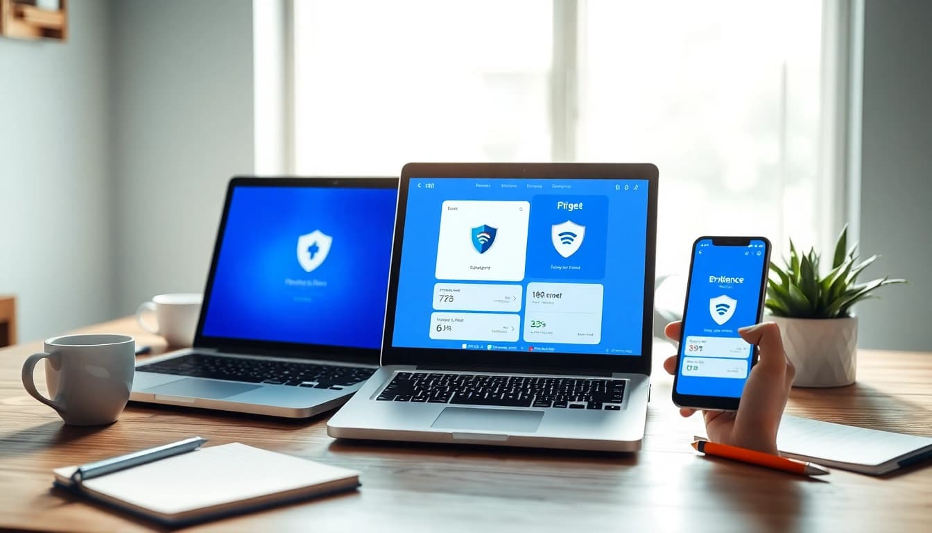 快连下载 interface displayed on devices in a modern workspace, symbolizing security and innovation.