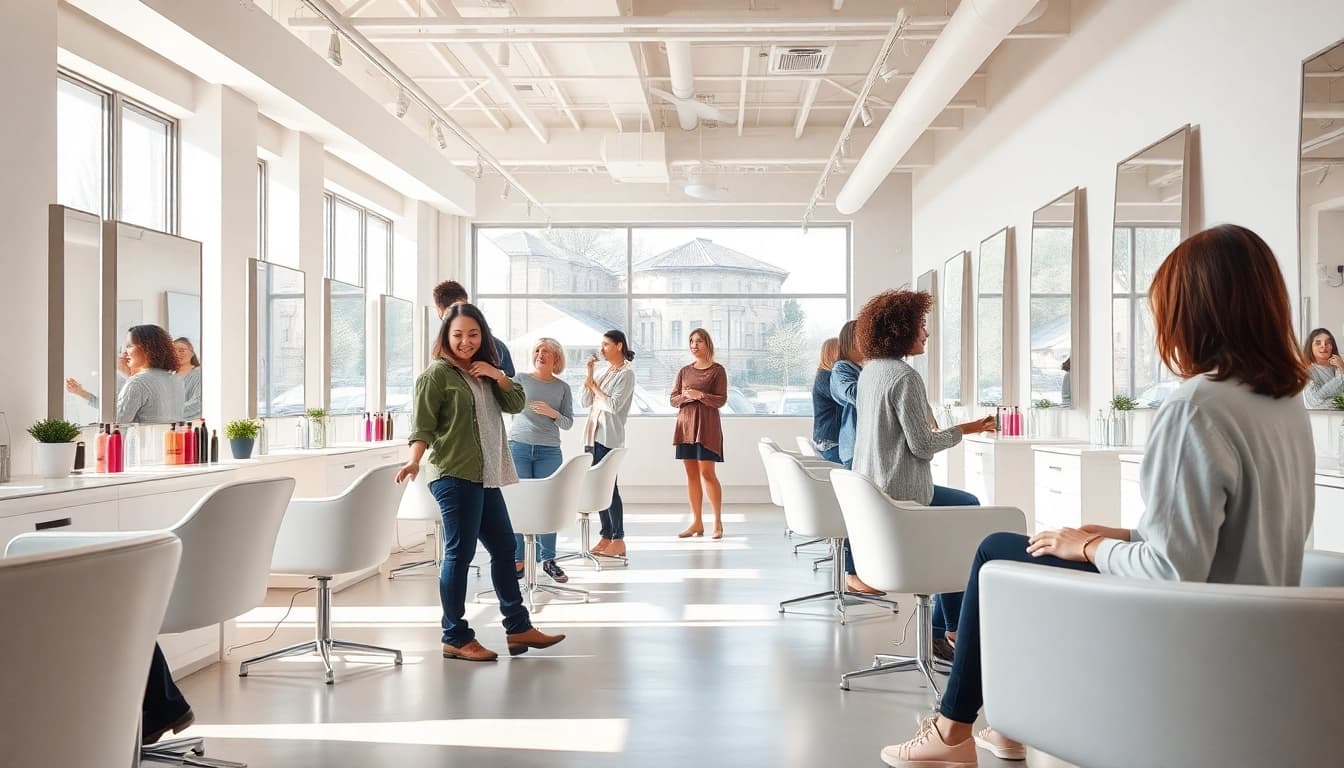 Inviting hair salon scene with hairstylists assisting clients, embodying "frisør nær mig".