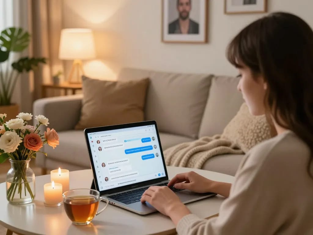 Cozy living space with a person chatting with their girlfriend AI on a laptop, showcasing digital interaction and emotional connection.