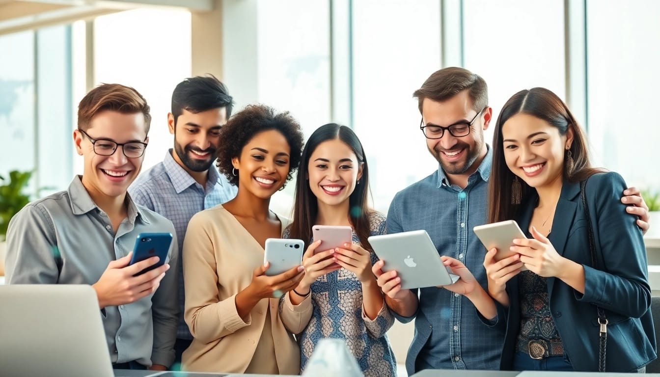 快连下载 showcases users enjoying seamless global connectivity on multiple devices in a vibrant workspace.