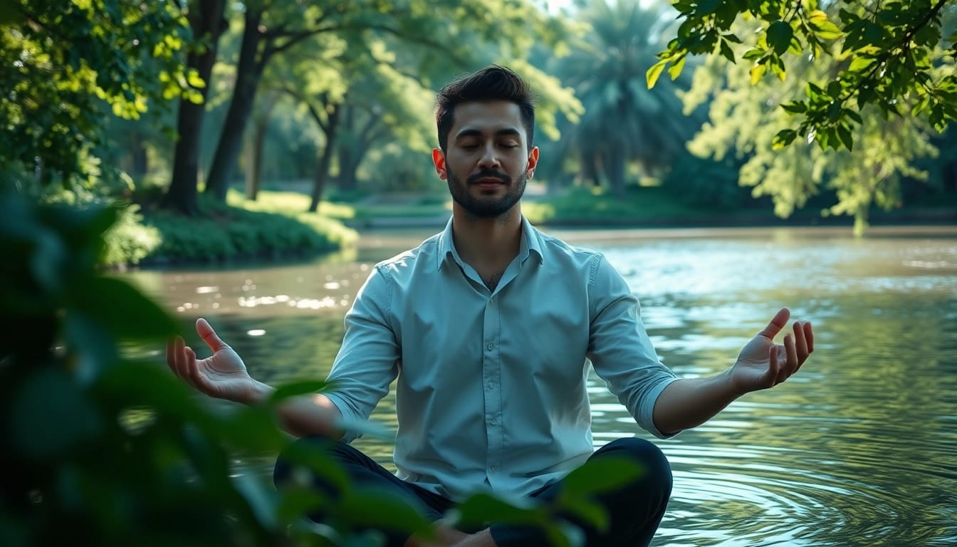 Overcoming stress and anxiety through meditation in a serene riverside setting.