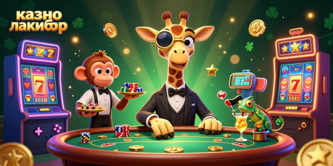 Experience the excitement of казино лакибир with a lively 3D cartoon scene featuring characters playing slots.