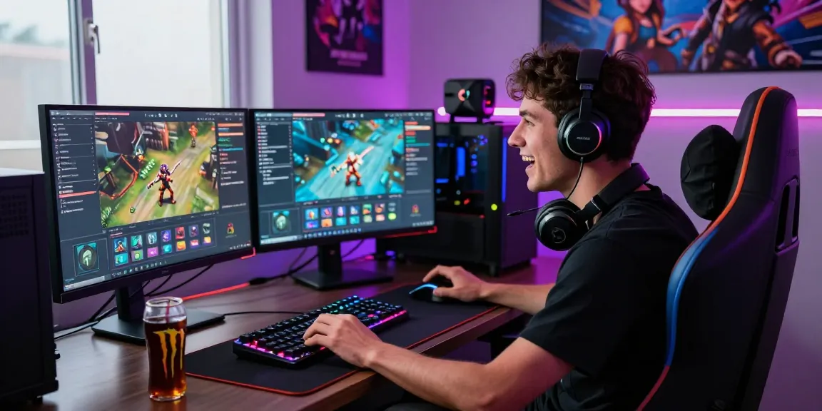 Gamer at dual-monitor setup focused on rokok88 daftar in immersive environment