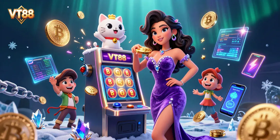 Engage with VT88's casino experience as a glamorous woman celebrates a jackpot with a fortune cat.