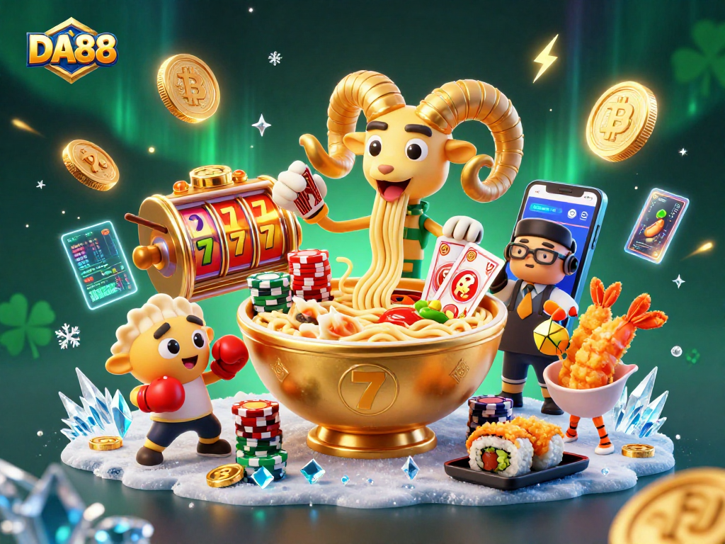 Engage with DA88's vibrant casino scene featuring a golden ramen bowl dealer and crypto elements.
