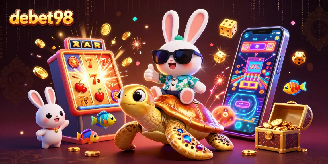 Experience excitement at debet98 with a vibrant casino scene featuring a lucky rabbit and golden turtle.