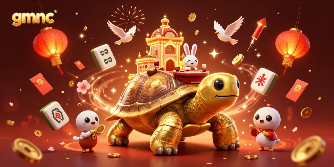 Experience the enchanting gmnc world where a golden tortoise and rabbit dealer celebrate winnings amidst a vibrant casino atmosphere.