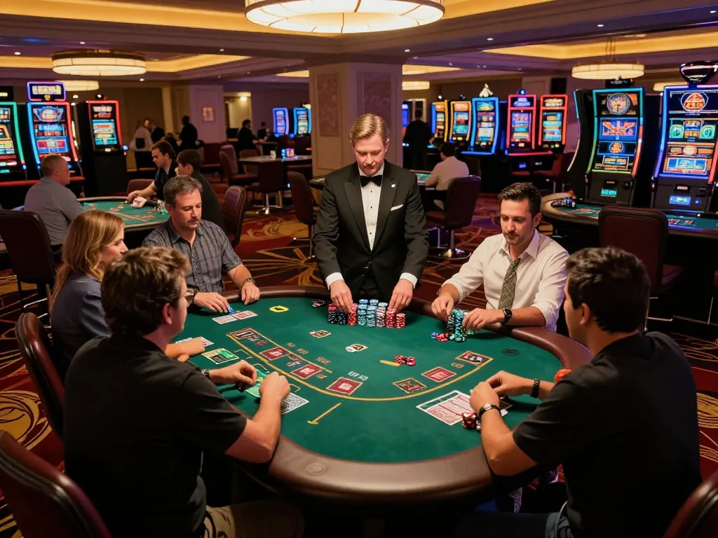 Players place strategic bets at a blackjack table in a bustling casino with vibrant ambiance.