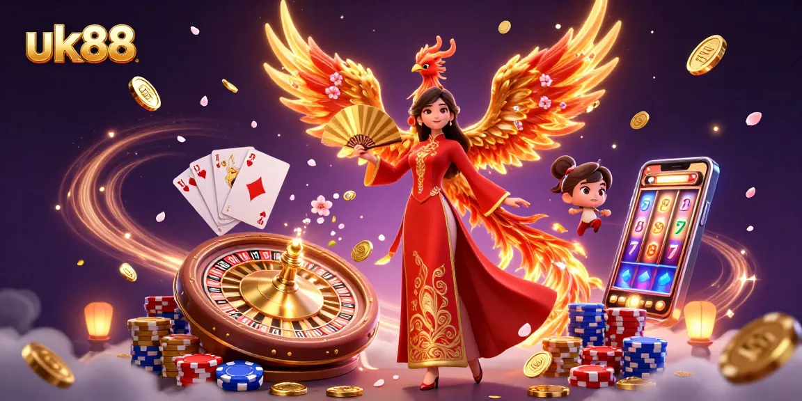 Engage with exciting games at uk88 with vibrant cherry blossoms, golden coins, and a stunning casino illustration.