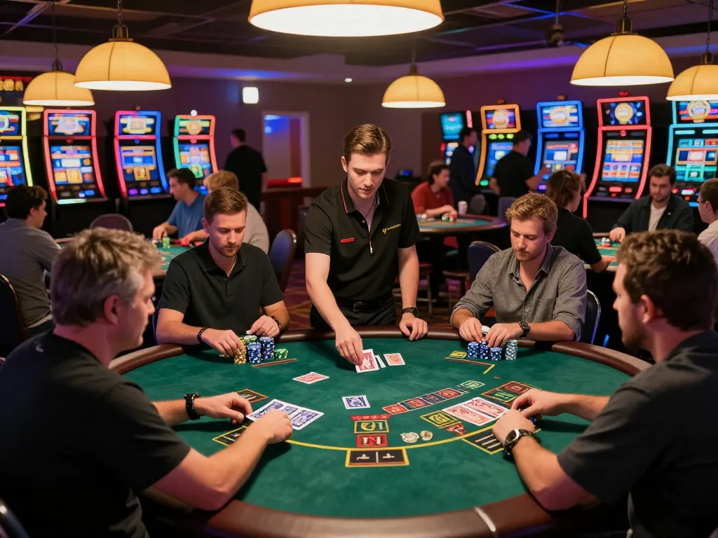 Players enjoying blackjack at https://va88.moe/ casino with colorful chips and dynamic dealer interactions.