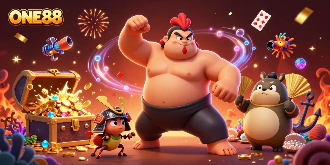 Experience thrilling gaming action at ONE88 with sumo wrestlers, cricket duel, and exciting casino elements.
