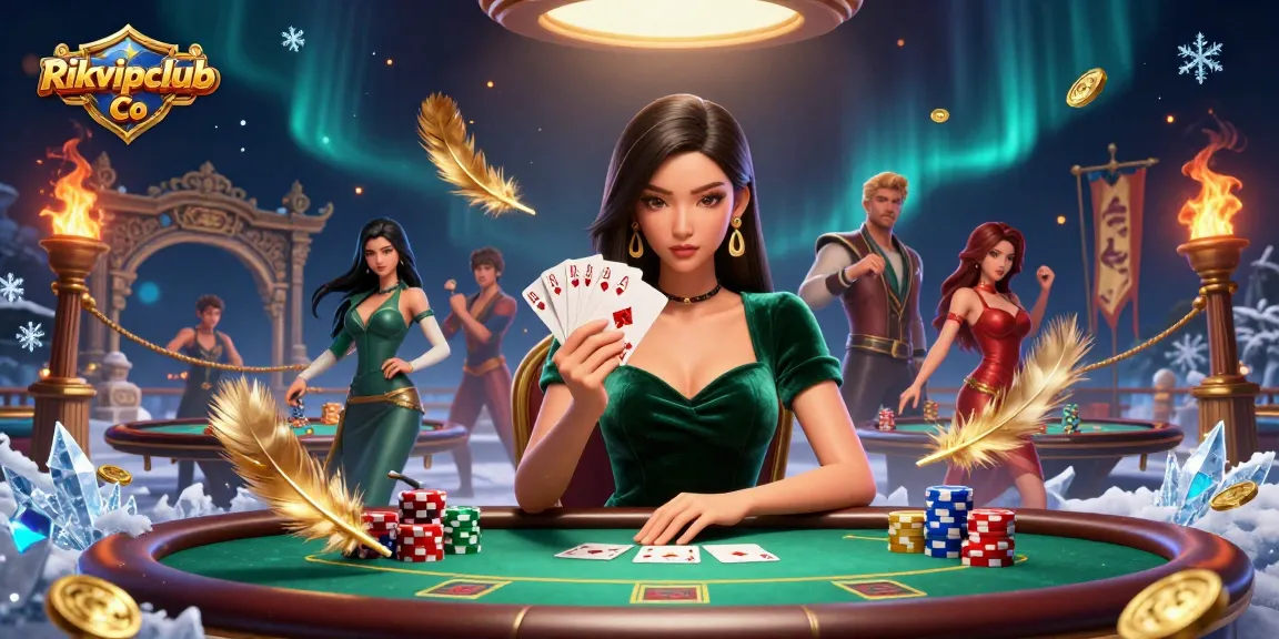 Engage with Rikvipclub Co at the luxury poker table, where a strategic Asian woman unveils her winning hand.