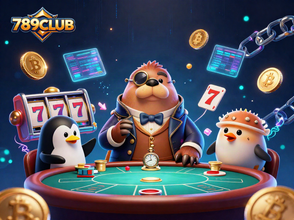 Engage in thrilling gameplay at 789CLUB with a jolly walrus poker scene, highlighting vibrant crypto elements.