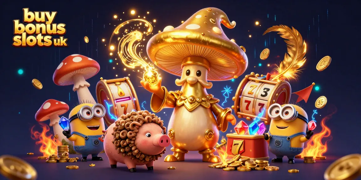 Engage with the excitement of buy bonus slots uk featuring a golden mushroom wizard surrounded by riches in a vibrant casino scene.
