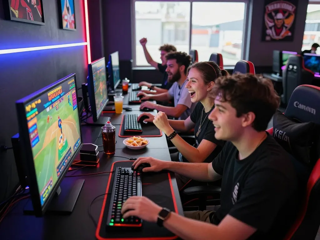 Exciting online gaming experience with friends celebrating at https://bomwin.jp.net/ with vibrant lighting and snacks.