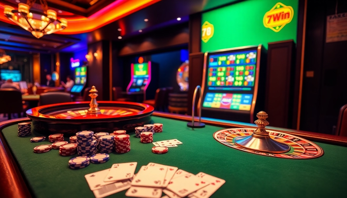 Players enjoying high-stakes action at 78Win casino tables featuring cards, chips, and roulette.