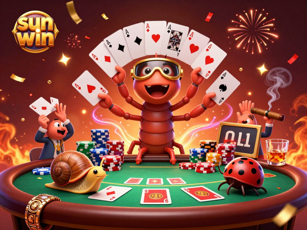 Experience thrilling gameplay at sun win with a dynamic casino scene featuring a cartoon millipede dealer.