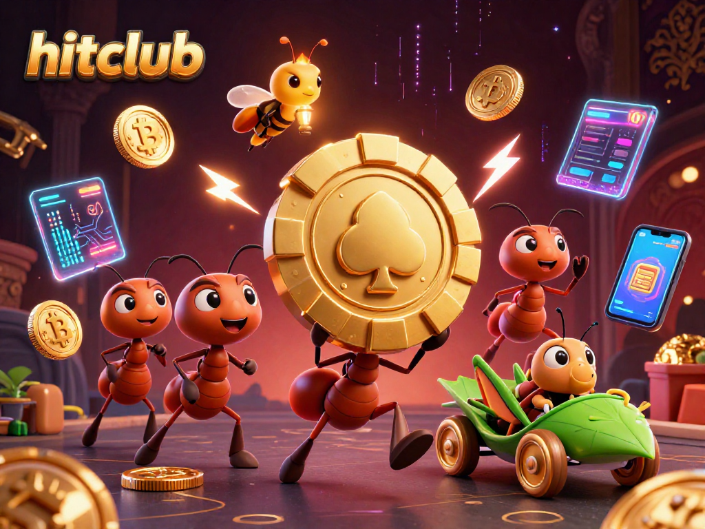 hitclub scene with ants carrying a golden poker chip, animated digital gambling elements