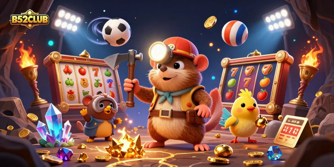 B52CLUB's vibrant scene showcasing a treasure hunter mole and dynamic gaming elements for an exciting casino experience.