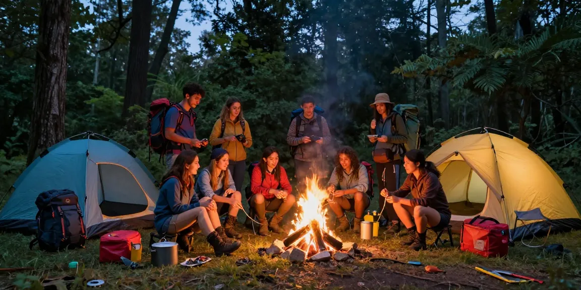 Friends enjoying a camping adventure with rokok88 gear around a campfire in the forest.