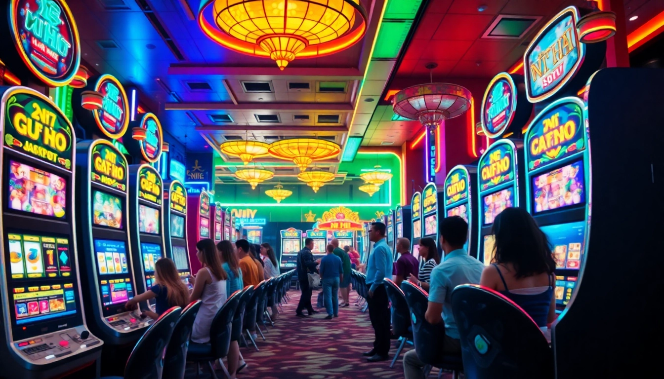 Nổ Hũ gaming scene showcasing vibrant casino atmosphere with players and slot machines.