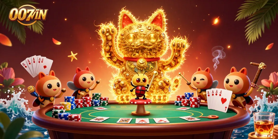 Experience the thrill of 007WIN with a dynamic 3D illustration of a golden lucky cat surrounded by poker elements.