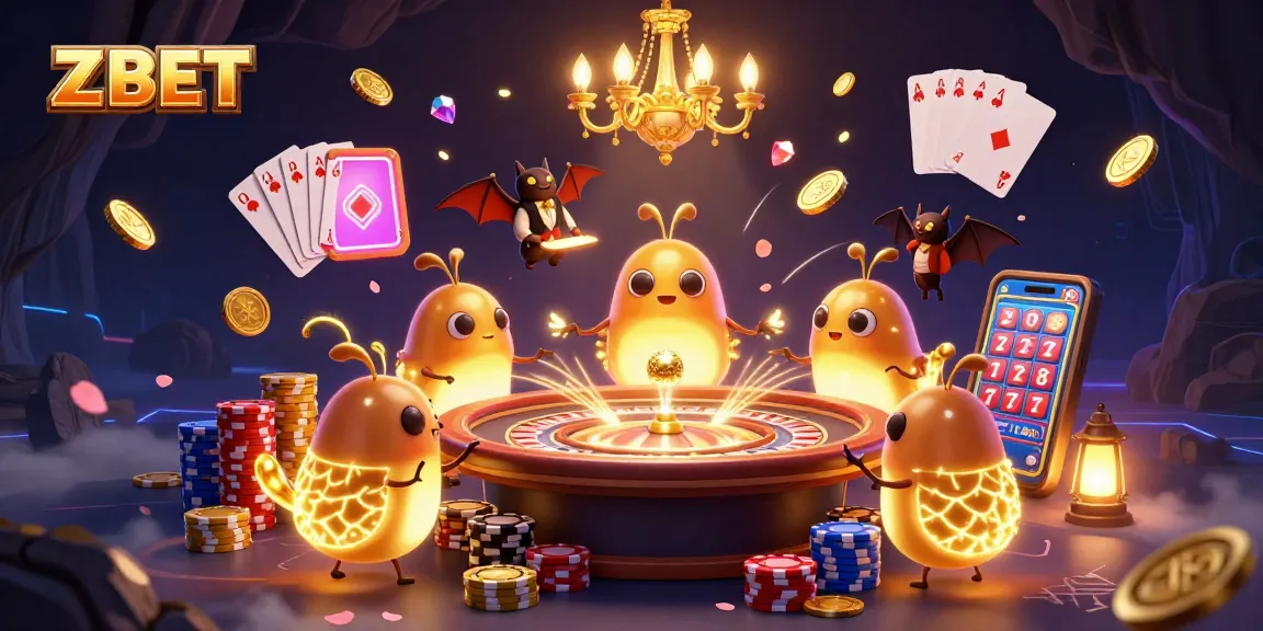 ZBET's vibrant casino illustration showcases glowworms lighting the scene, surrounded by thrilling game elements.