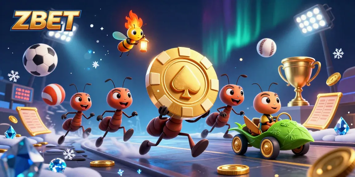 Experience thrilling gaming with ZBET as animated ants carry a giant poker chip through a dynamic casino adventure.