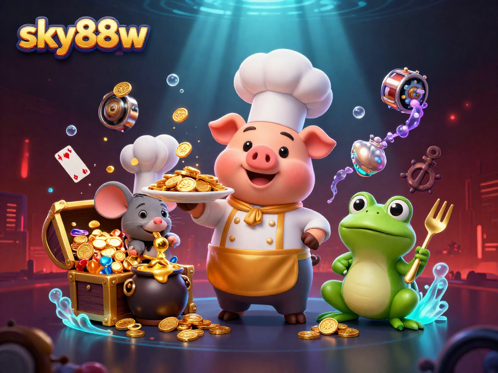Experience thrilling gameplay with sky88w where a chef pig serves gold coins amidst vibrant casino elements.