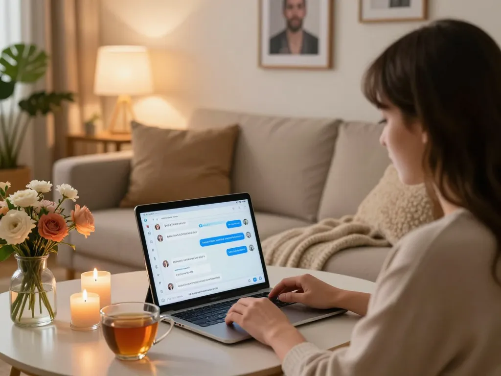 Cozy living space with a person chatting with their girlfriend AI on a laptop, showcasing digital interaction and emotional connection.