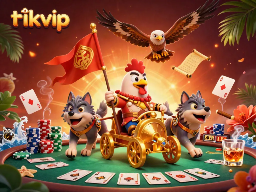 Experience excitement and strategy in the 3D casino scene featuring characters of the tải rikvip app battling with poker elements.
