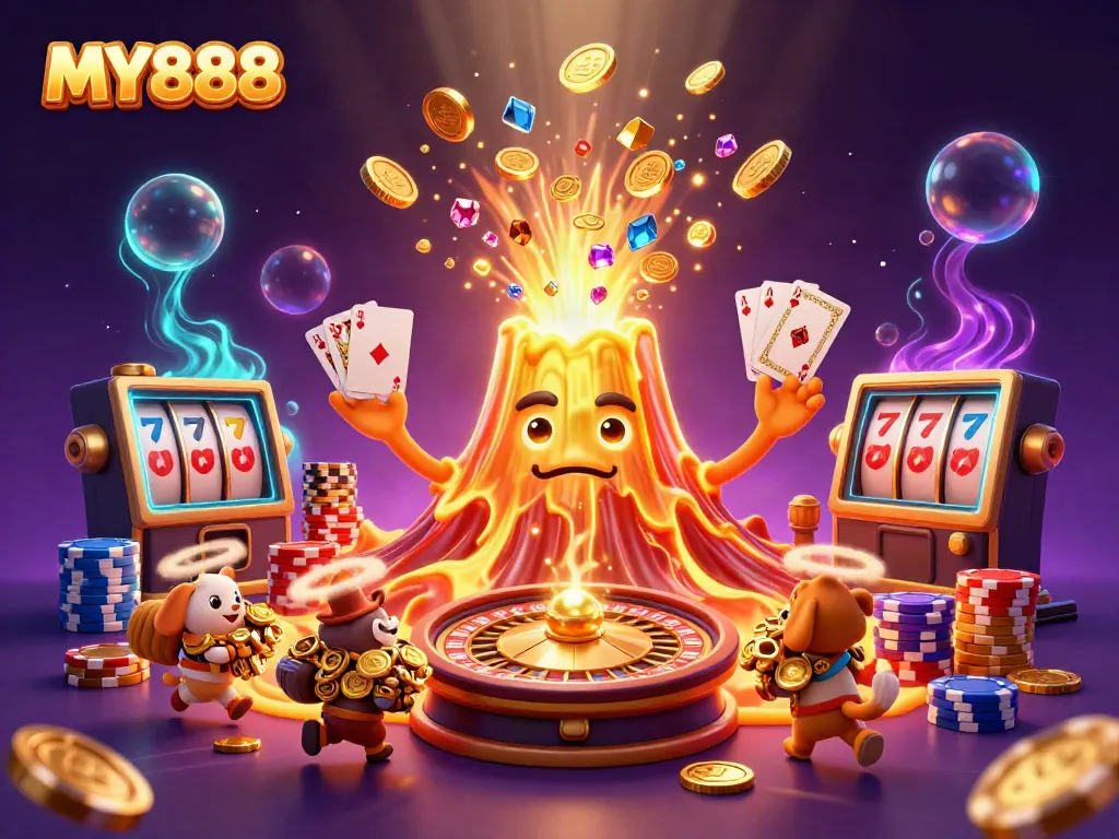MY888 promotes excitement through a vibrant volcano erupting coins and treasures in an immersive casino scene.