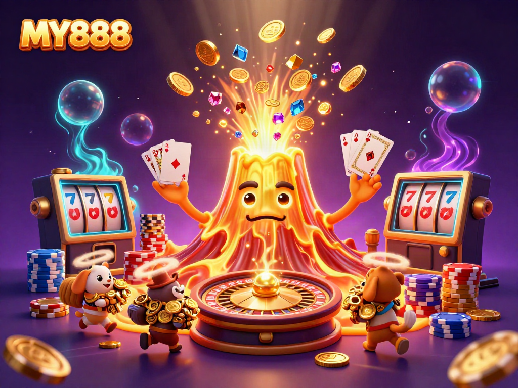 MY888 promotes excitement through a vibrant volcano erupting coins and treasures in an immersive casino scene.