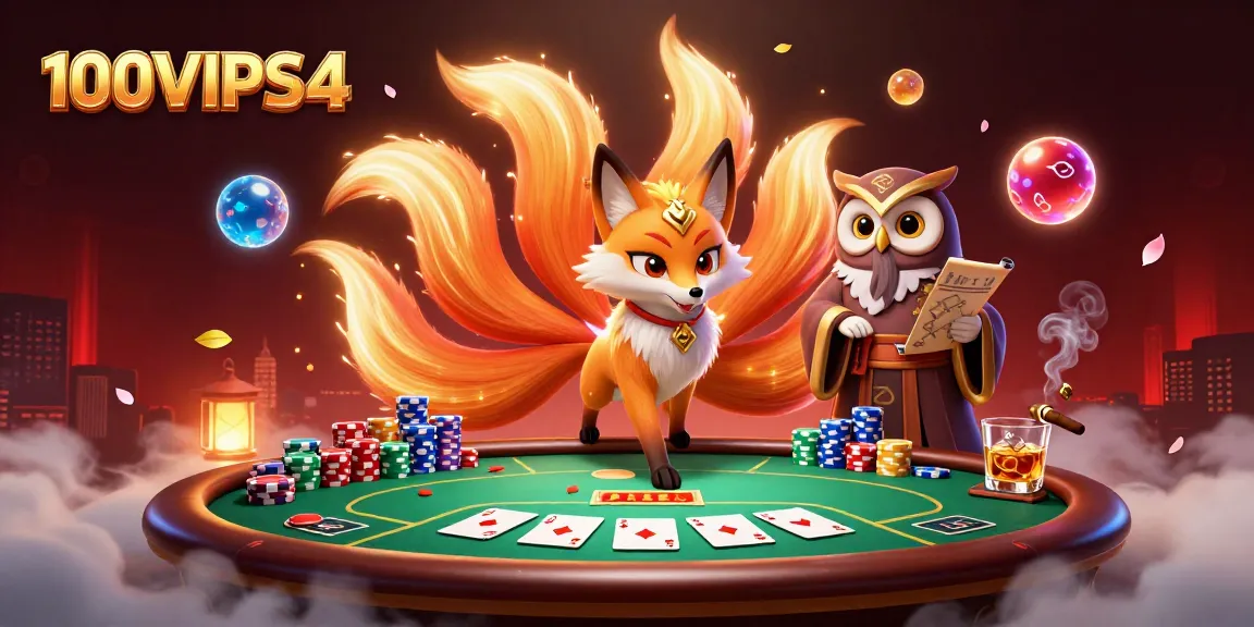 Engage in gaming with 100VIPS4 as the nine-tailed fox spirit card dealer and wise owl sage oversee thrilling poker action.