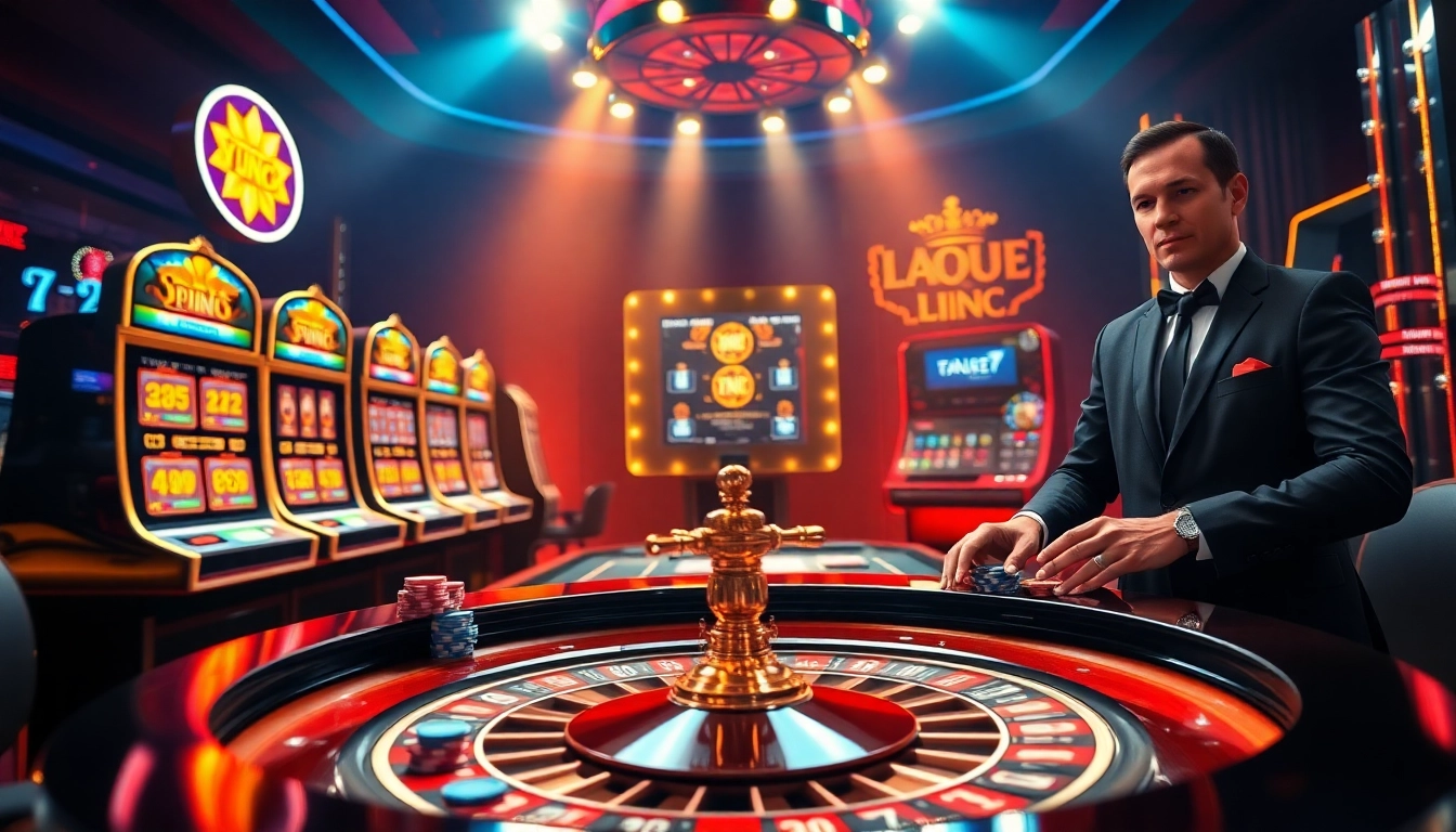 Experience the excitement of gambling at 79king with vibrant slot machines and a roulette table.