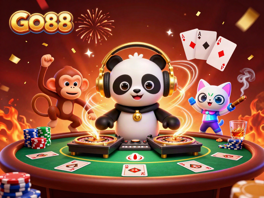 Experience GO88's vibrant gaming scene with dynamic characters celebrating online casino action.