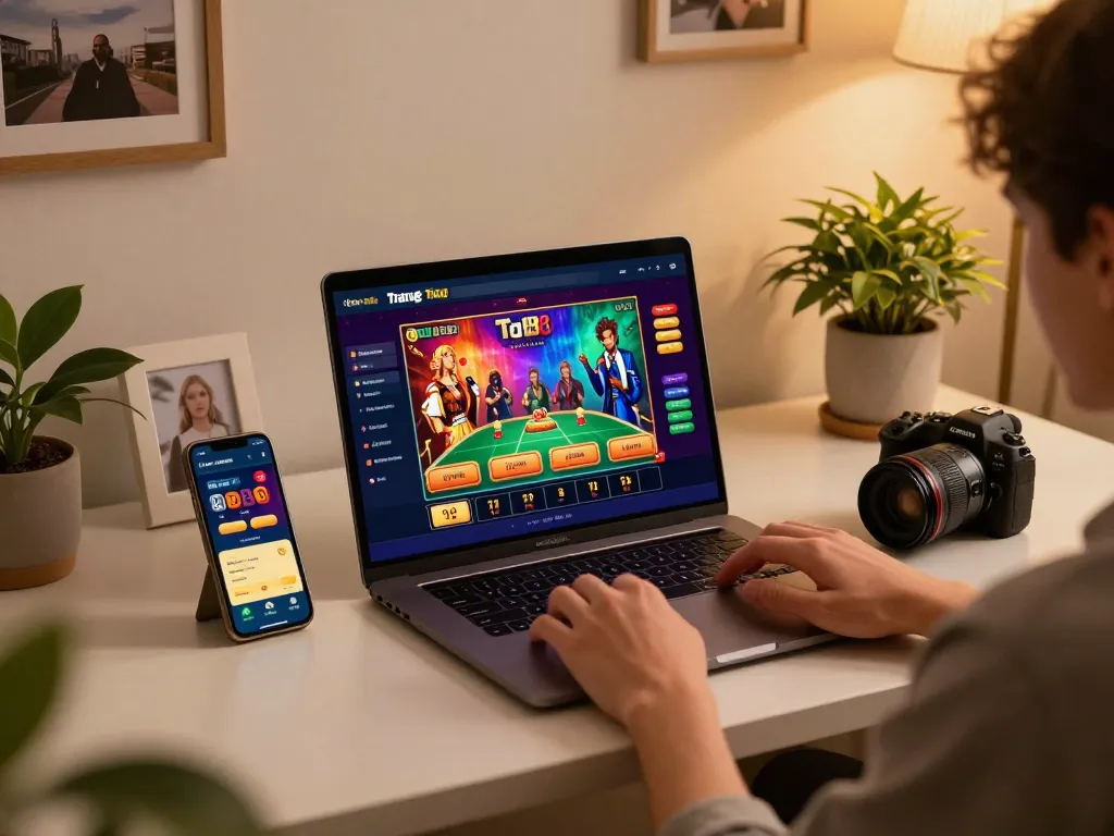 Engaging in dynamic betting on Trang chủ Ta88 from a stylish home setup with vibrant casino game displays.