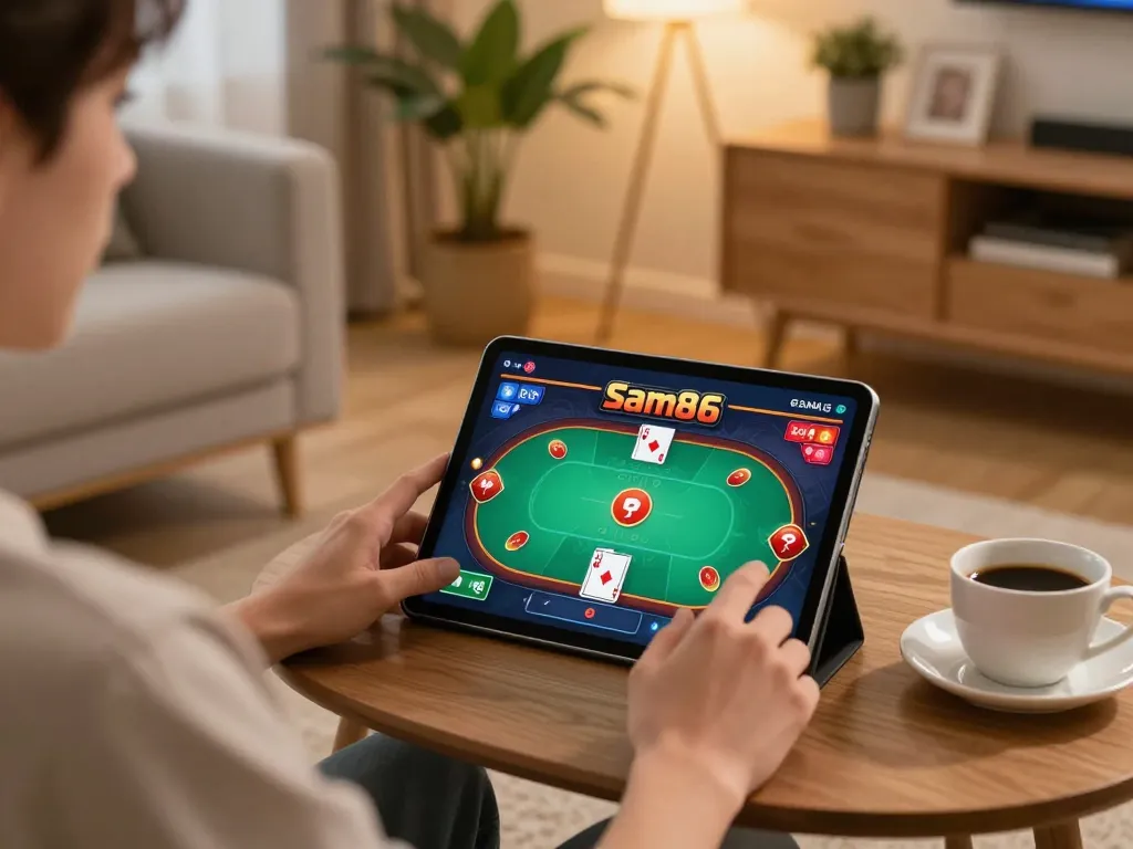Player enjoying sam86 online poker game on tablet in cozy home setting, demonstrating engaged gameplay.