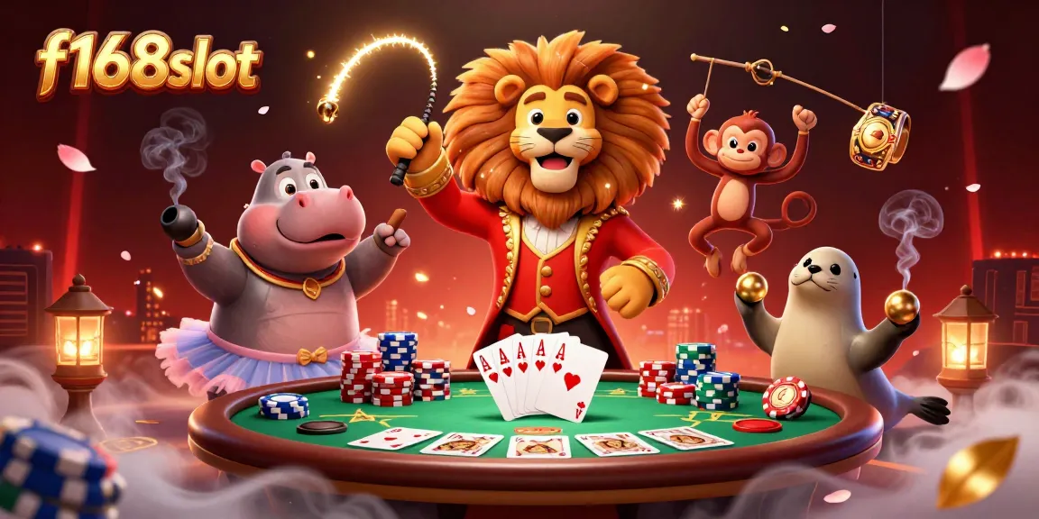 Experience thrilling gambling action with f168slot's vibrant casino scene featuring playful characters and dynamic game elements.