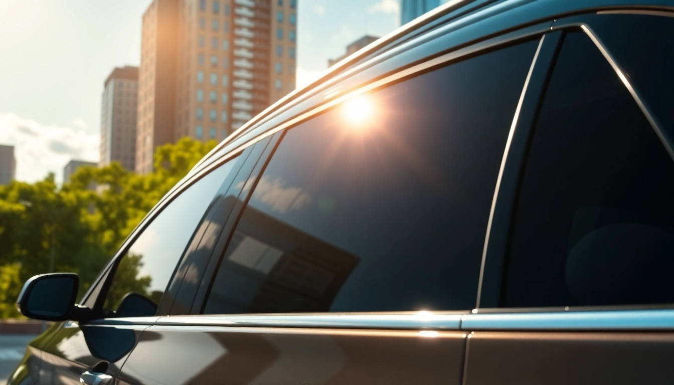 Enhance your style with auto window tint near me, showcasing a sleek vehicle in a vibrant urban setting.
