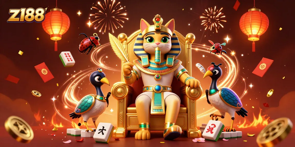Spin the reels with z188 in an exciting casino scene featuring a pharaoh cat and treasures.