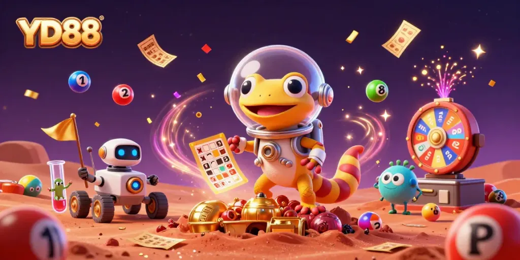 Spin colorful games with the YD88 casino mascot in a vibrant 3D cartoon illustration.