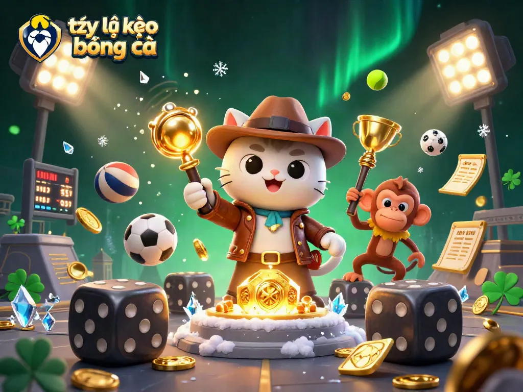 Engage with tỷ lệ kèo bóng đá through a dynamic scene featuring an adventurous cat and a monkey in a casino.