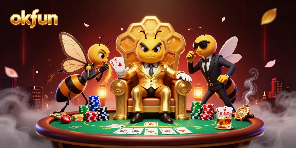 Engage in thrilling gameplay at okfun with cartoon characters and poker elements in an illuminated scene.