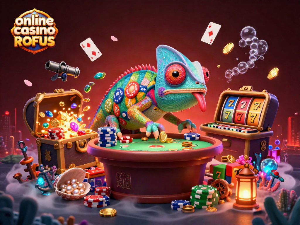 Experience online casino uden ROFUS with a colorful chameleon and dynamic gambling elements in this vibrant scene.