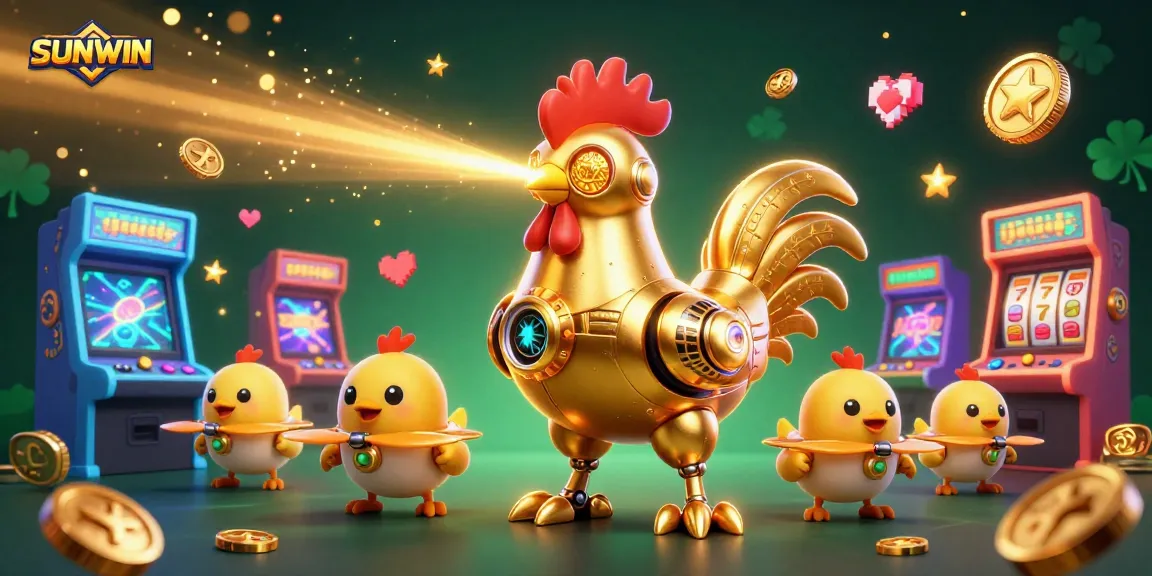 SUNWIN features a vibrant 3D casino scene with a golden rooster robot and baby chick drones, enriched with slot game elements.