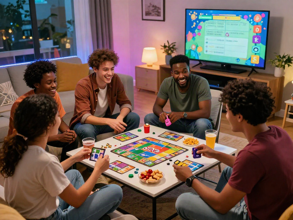 Diverse friends enjoying a lively sex game in a cozy living room aimed at fostering connections and laughter.