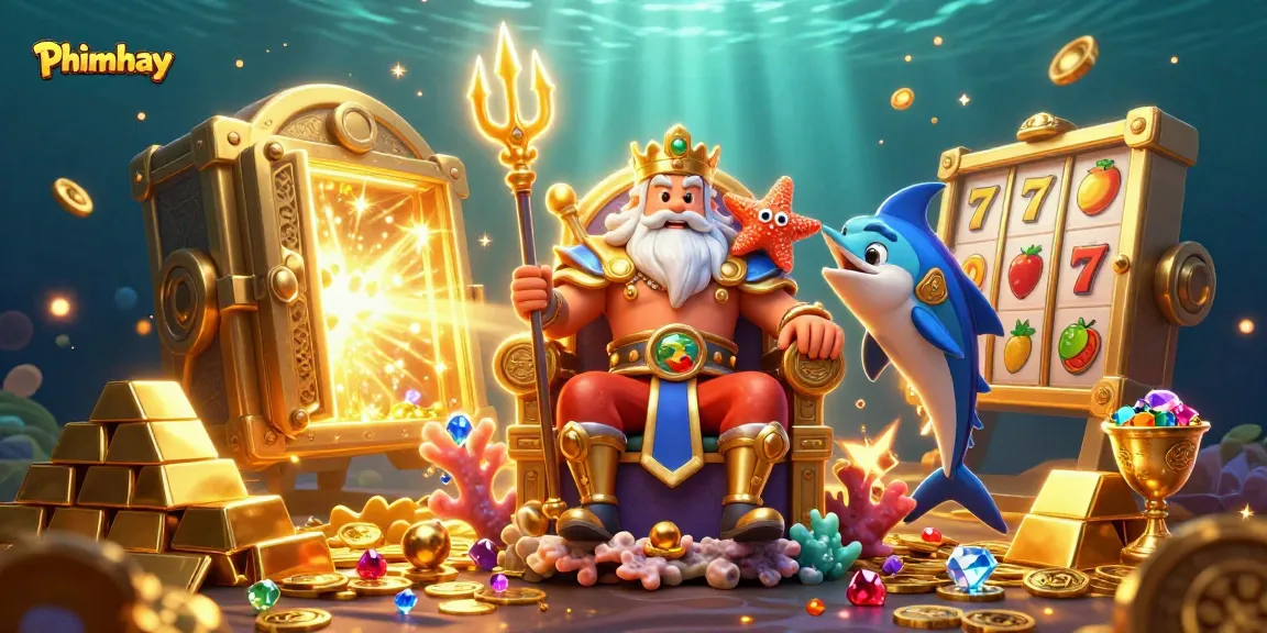 Experience adventure with Phimhay as Neptune and friends guard treasure in a vibrant casino scene.
