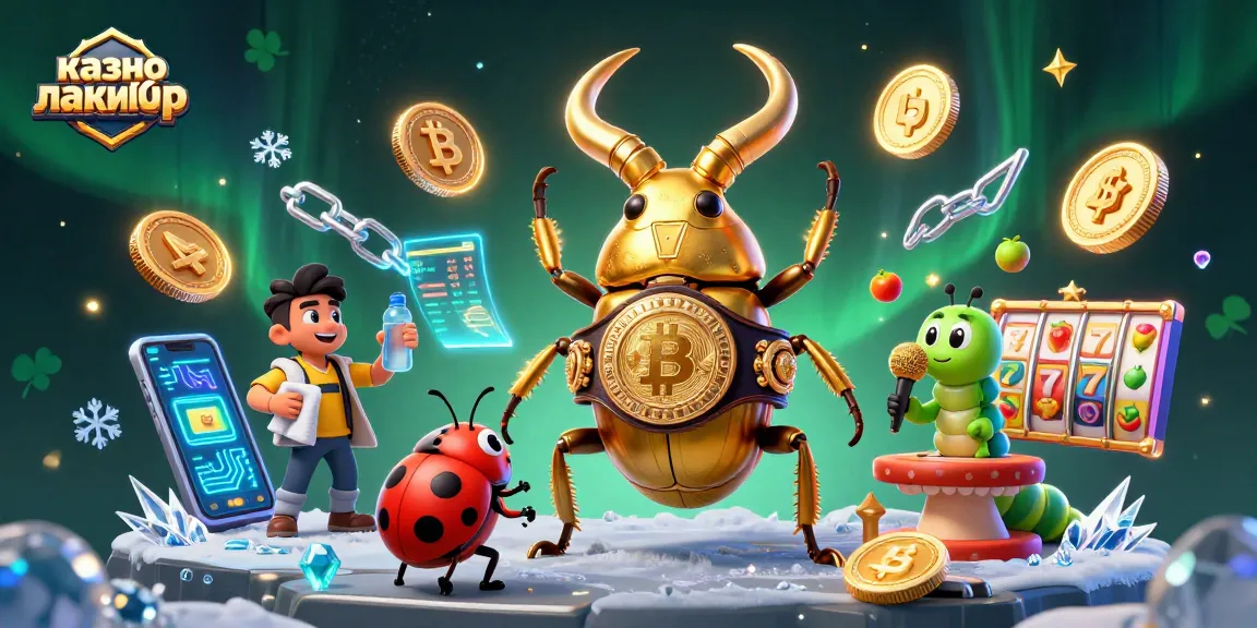 Bet big at казино лакибир with a lively 3D scene featuring a giant stag beetle champion and glowing slot reels.